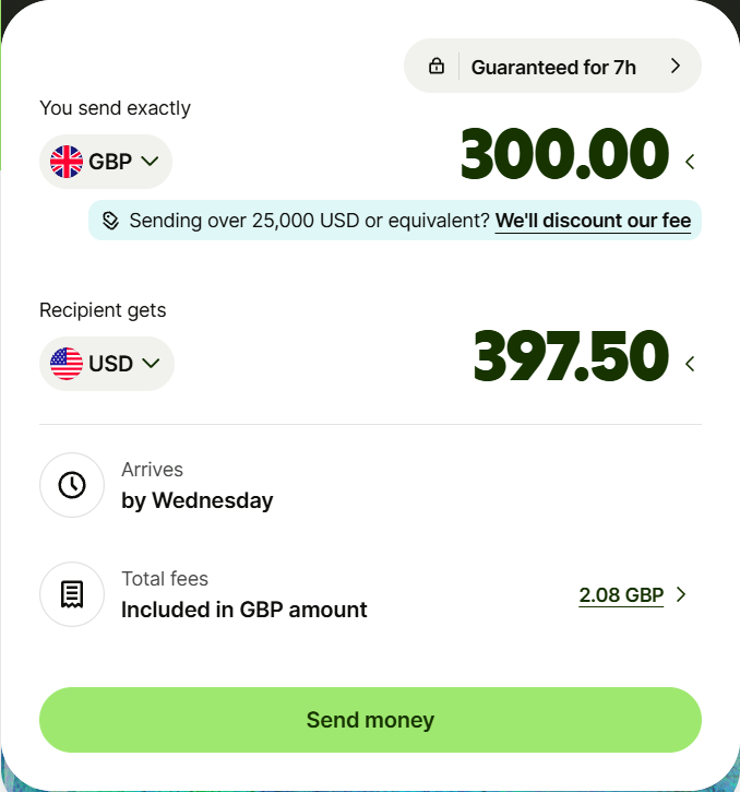 Public English Wise homepage calculator showing GBP to USD, captured on 27 October 2026. Amounts and rates are an illustrative snapshot, not an authenticated recipient form or a completed transfer.