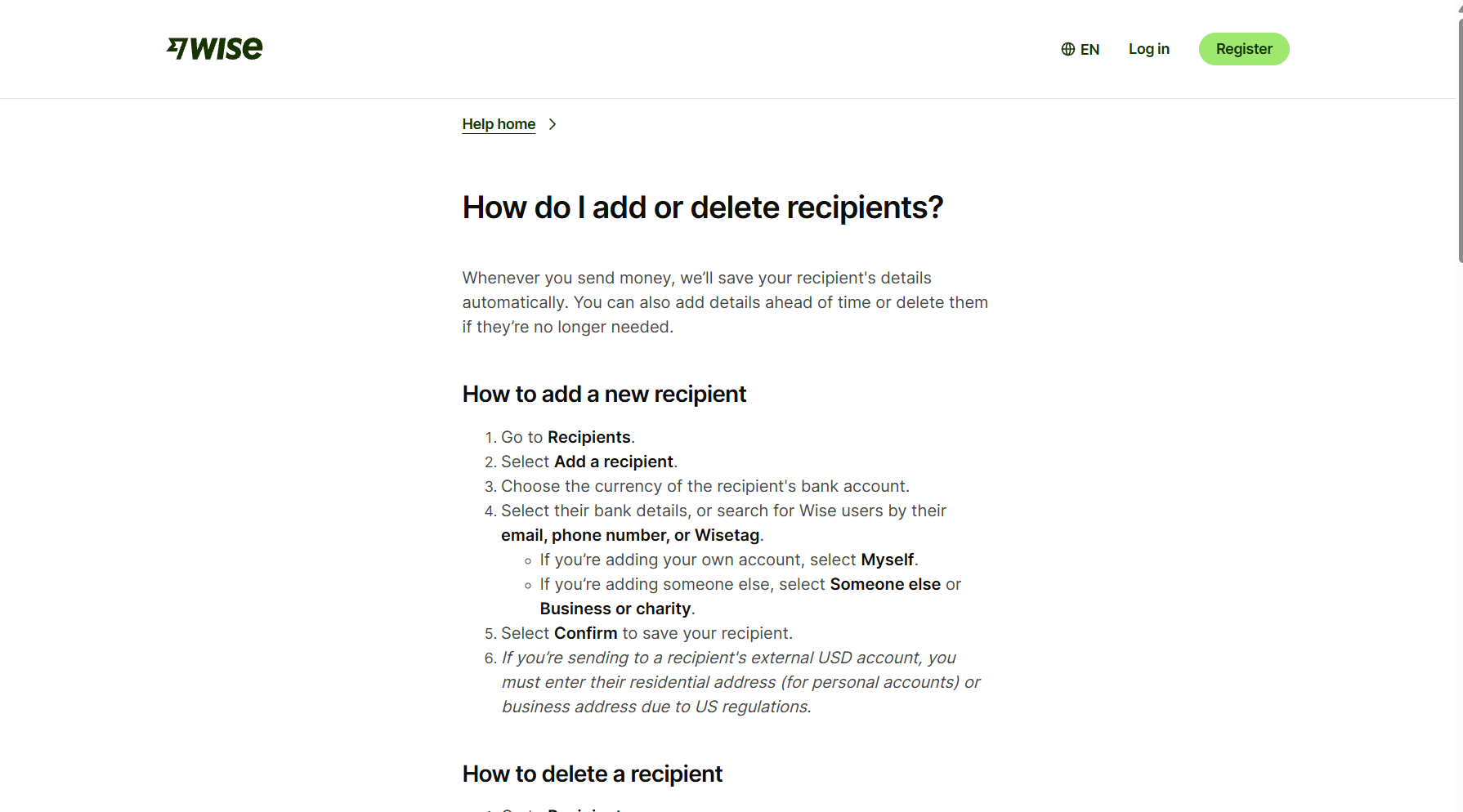 Public Wise help page explaining how to add recipients, including the address requirement for external USD accounts. This is official help content, not an authenticated recipient-entry screen.
